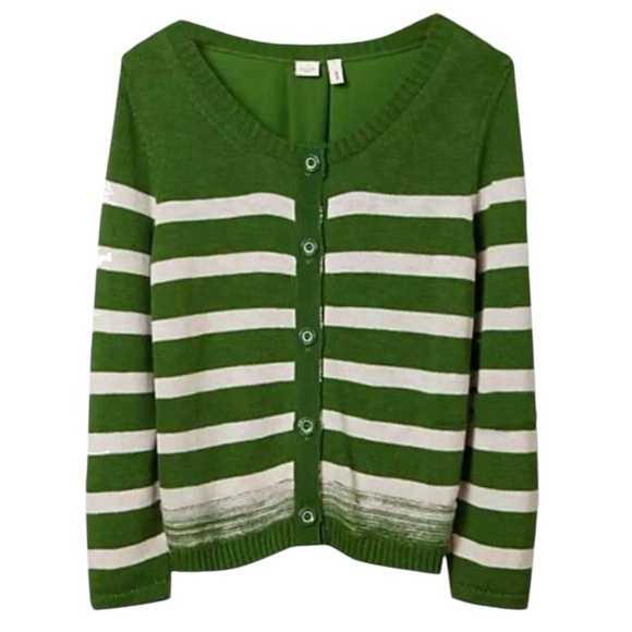 $129 Anthropologie Smooth Back Cardigan Large 10 12 Green White Striped Sweater - Picture 3 of 14